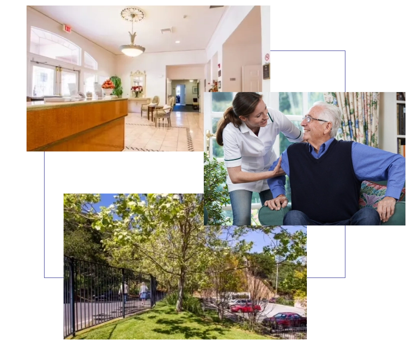 A collage of images with a nurse and an elderly man.